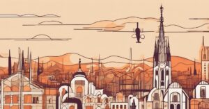 "A minimalist, abstract depiction of a Spanish city skyline at sunrise or sunset, with a focus on iconic architecture (e.g., a stylized Giralda or Sagrada Familia outline) and a single, small, vintage-style airplane flying over. Emphasize warm, inviting colors and a sense of adventure, but no visible people. The composition should convey affordability and ease of travel for a short trip."
